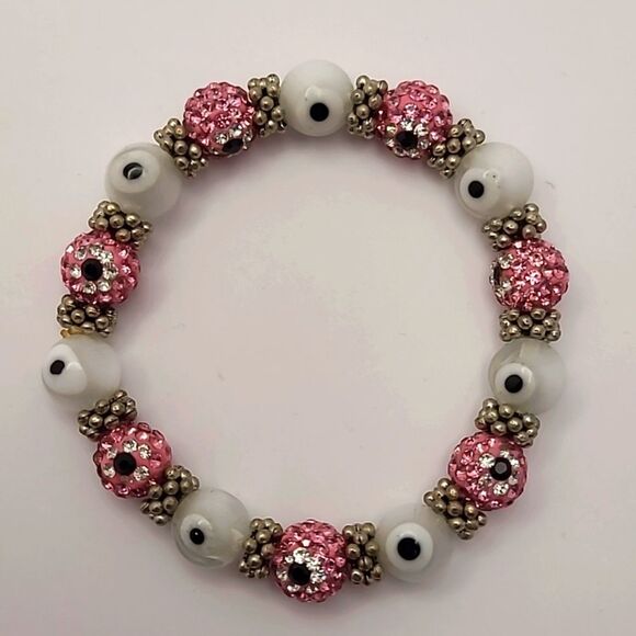 Pink Jeweled Evil Eye White Bead Stretch Bracelet - Picture 2 of 3